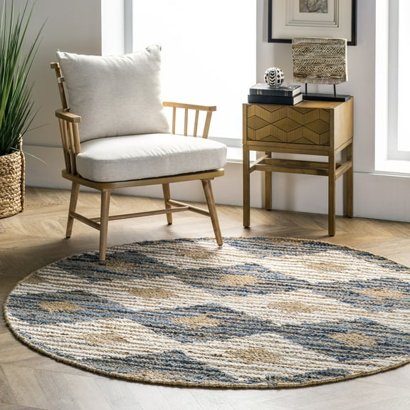 nuLOOM Hand Braided Marla Denim And Jute Diamonds Area Rug, 6', Round, Marla Off-white