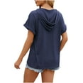 thumbnail image 4 of Wyobmus Women's Casual Summer Hoodies Rolled Short Sleeve Drawstring Hooded Tops Buttons Front V Neck Cute Pullover T-Shirts Tops S-2X Navy, 4 of 5