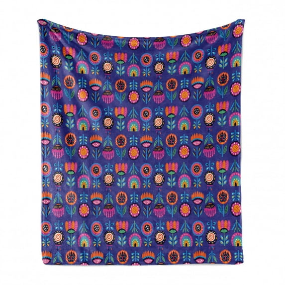 Abstract Soft Flannel Fleece Throw Blanket, Colorful Ornamental Flowers in Upside down Position Scandinavian Style Artwork, Cozy Plush for Indoor and Outdoor Use, 50" x 70", Multicolor, by Ambesonne