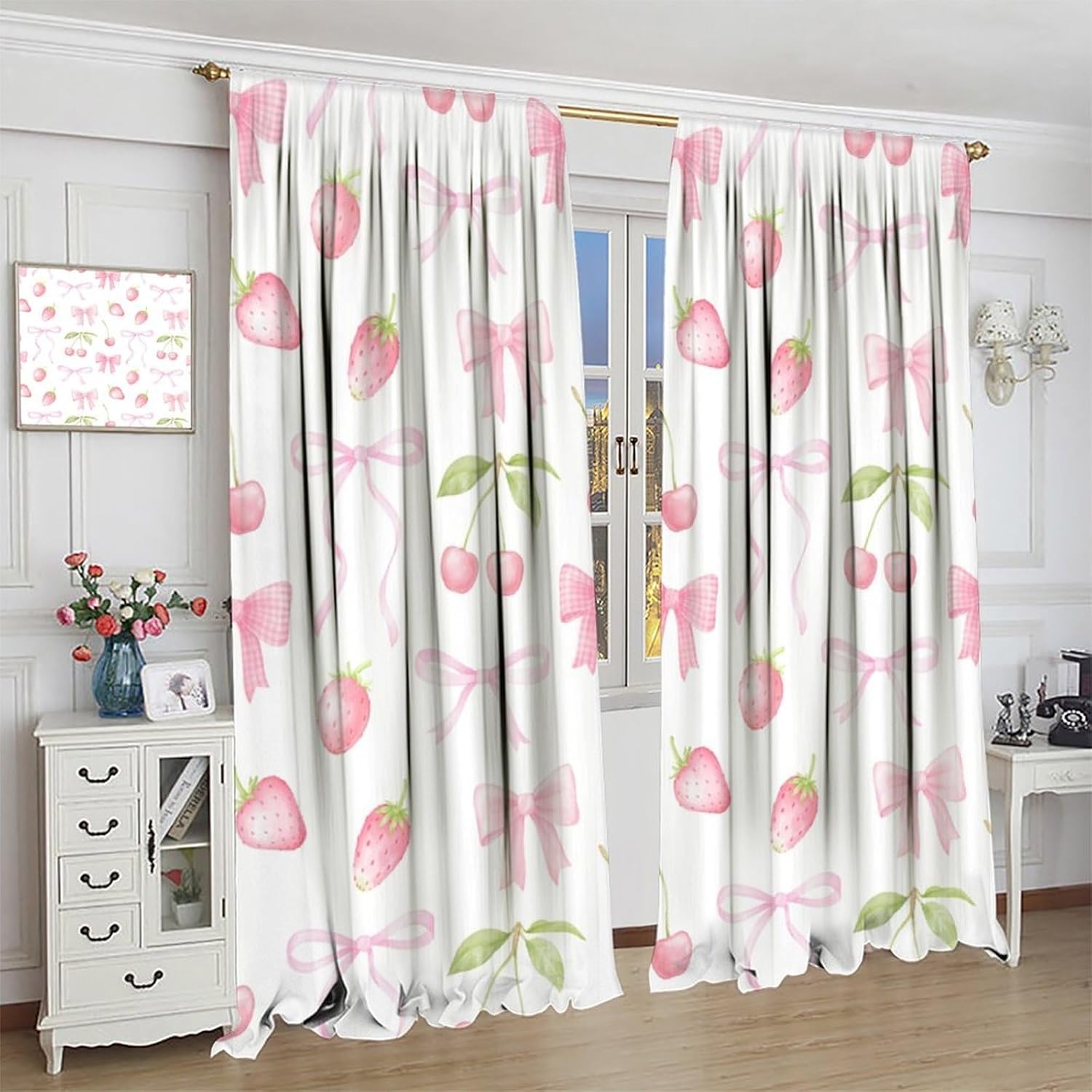 Cute Pink Bow Curtains, Watercolor Aesthetic Pink Strawberries Cherries Pastel Ribbon Bow Rod Pocket Window Drapes Treatments for Girls Children''s Bedroom, 63" W X 63" L