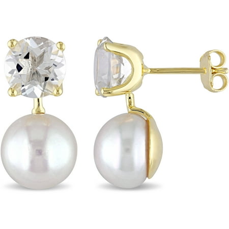Tangelo 10-10.5mm White Button Cultured Freshwater Pearl and 3-1/2 Carat T.G.W. Green Amethyst Yellow Rhodium-Plated Sterling Silver Round Dangle Earrings