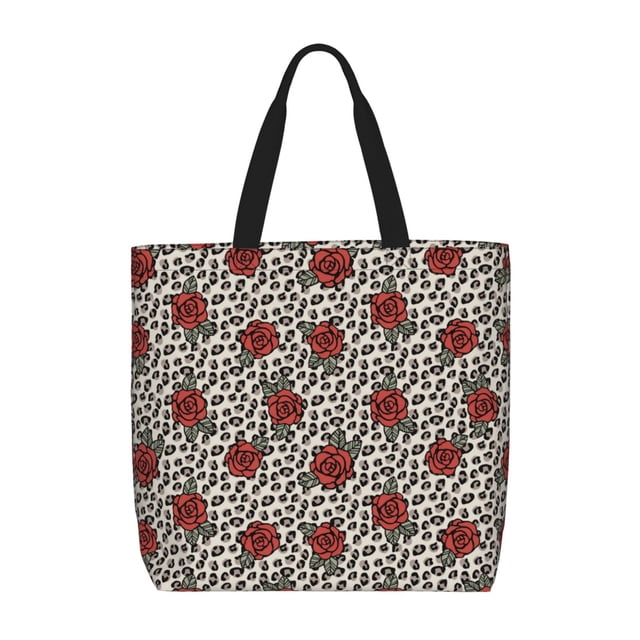 Disketp Leopard Print Rose Bolsa Tote de Lona para Mujer, Bolso de Hombro y Cruzado con Cierre de Cremallera