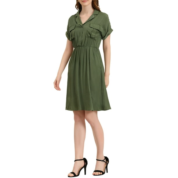 INSPIRE CHIC Vestido de Camisa con Cuello Notched para Mujeres para Trabajar, con Cintura Elástica y Bolsillos, L Verde Ejército