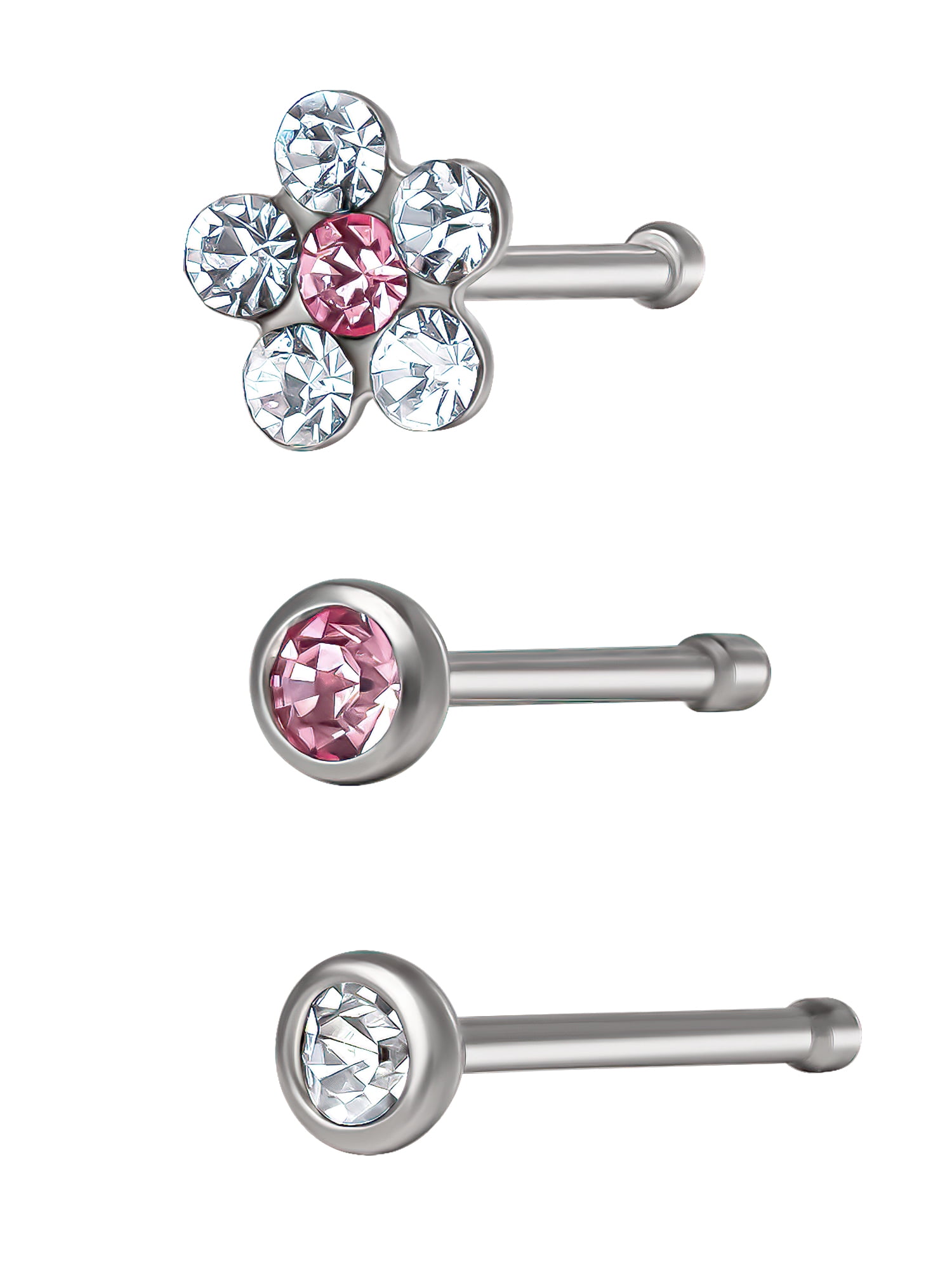 Women's Trio of Stainless Steel Flower Nose Studs with Crystal Accents, 3-Pack