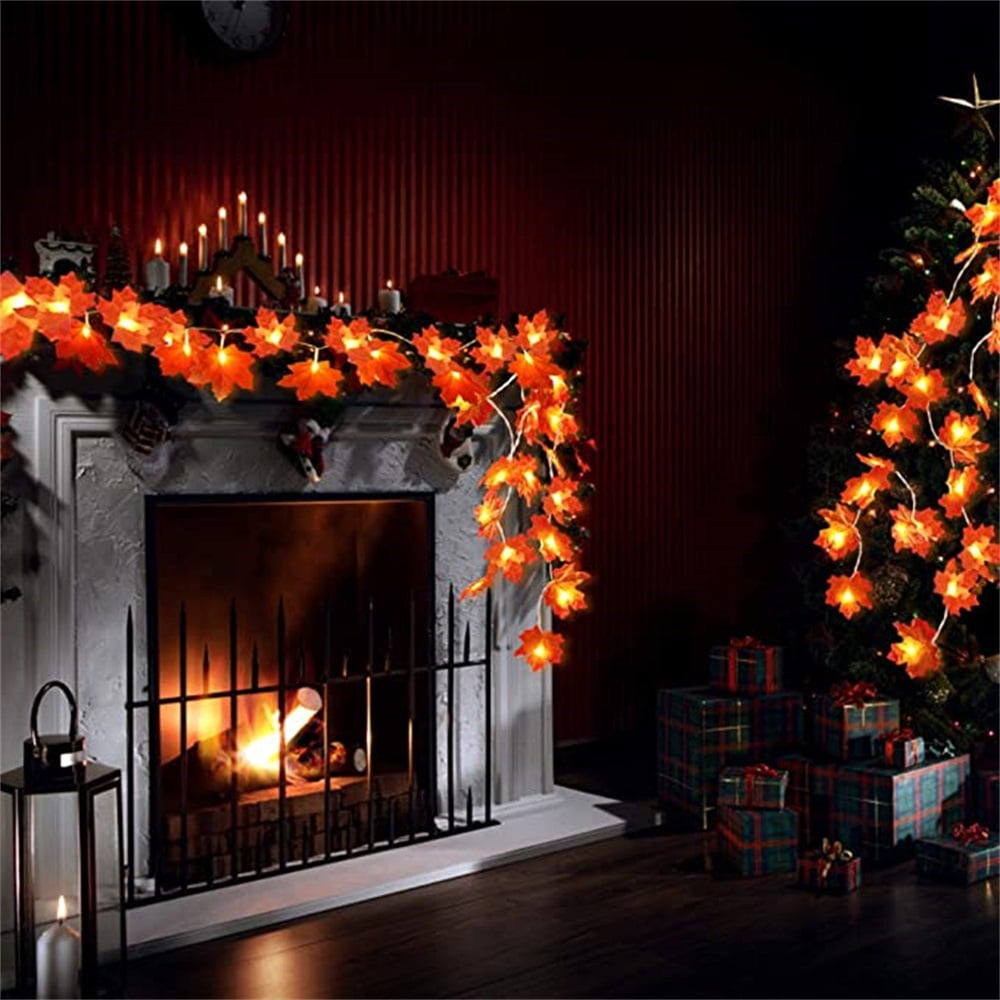 Kepooman 2 Pcs Holiday Decor Garland for Home, 9.8Ft Waterproof Fall String Lights Maple Leaf Garland, Orange