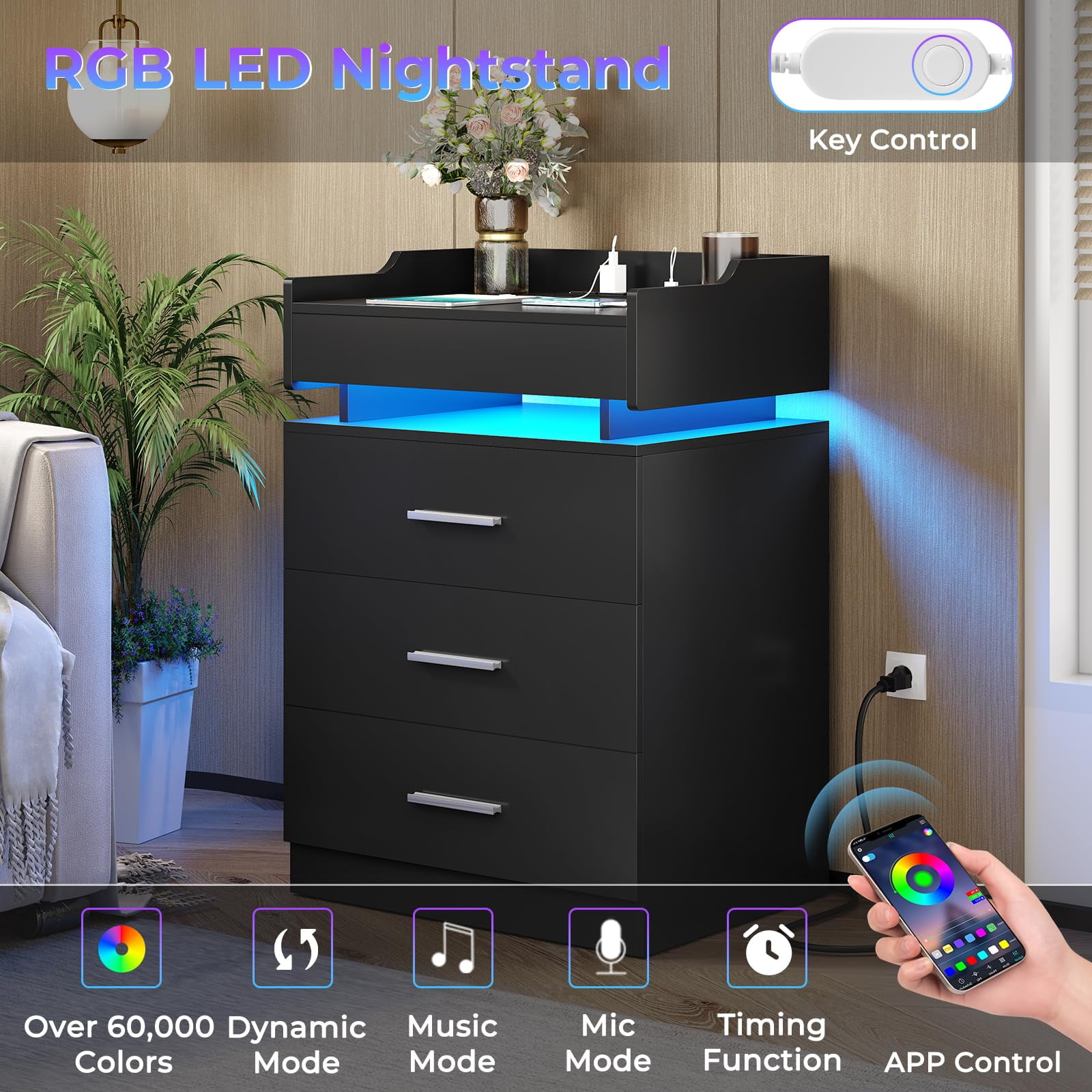 Afuhokles Nightstand with Charging Station USB Port and LED Light, 3 Drawers Bedside Table with Pull-Out Tray, Black