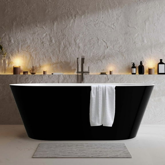55" x 27.5" Oval Freestanding Soaking Flat Bottom Bathtub with Center Drain in Glossy Black