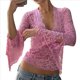 thumbnail image 3 of Top Corto Ajustado de Encaje con Escote en V Profundo y Larga para Mujer Rosa S, 3 of 8