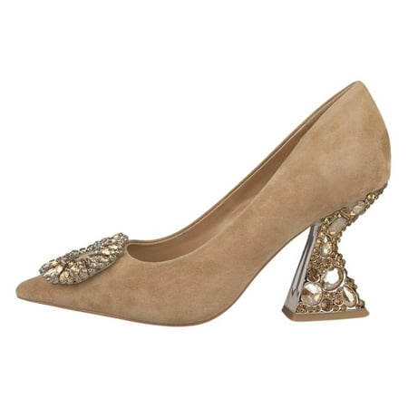 YDN Women Rhinestone Studded Buckle Pumps Slip On Crystal Chunky High Heels Closed Pointed Toe Office Shoes Size 4 Brown