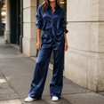 thumbnail image 2 of Xinoom Women's 2 Piece Satin Matching Set, Lapel Button Down Shirt & Drawstring Wide Leg Pants, Elegant Casual Outfit, Gift for Ladies, Dinner Gathering Dark Blue,XS, 2 of 7