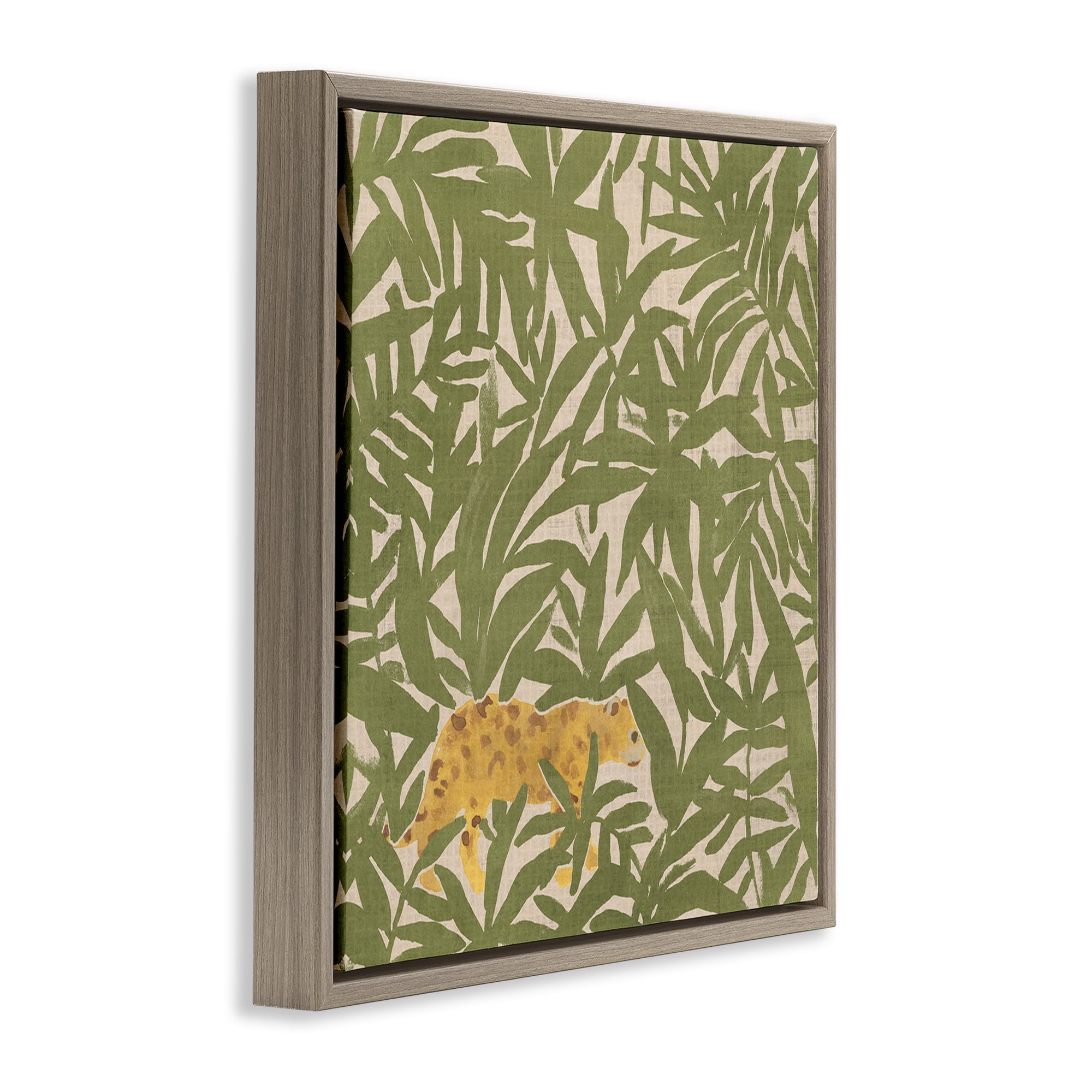 Stupell Industries Prowling Cheetah in Plants Botanical & Floral Painting Brown Floater Framed Canvas Art Print Wall Art, 18 x 18