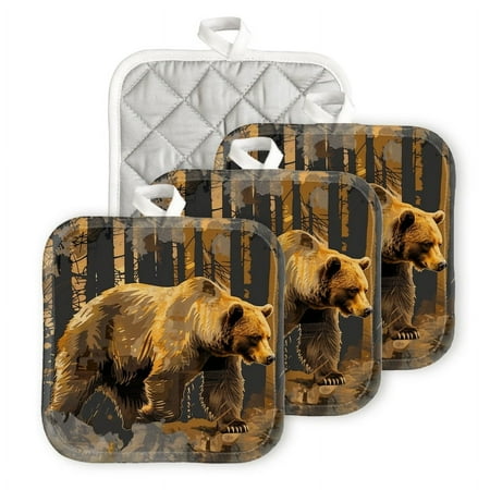 

BaHomeck Pot Holders 4pcs dacron Made Square heat-resisting mat Machine Washable for Kitchen Oven Hot Pads 6.7inch*6.7inch Grizzly Bear Walking Through The Forest (2)
