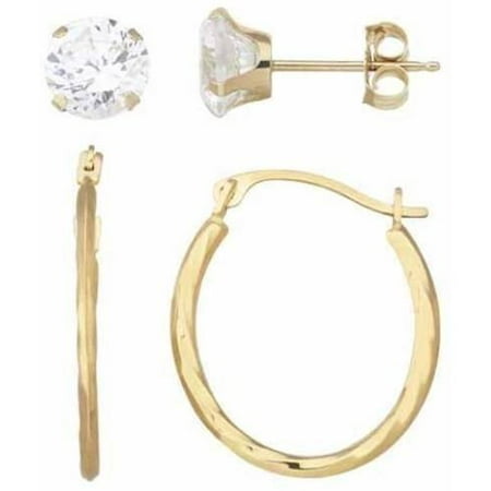 Simply Gold 10kt Yellow Gold 6mm Cubic Zirconia Stud And Oval Twist Hoop Earrings Set