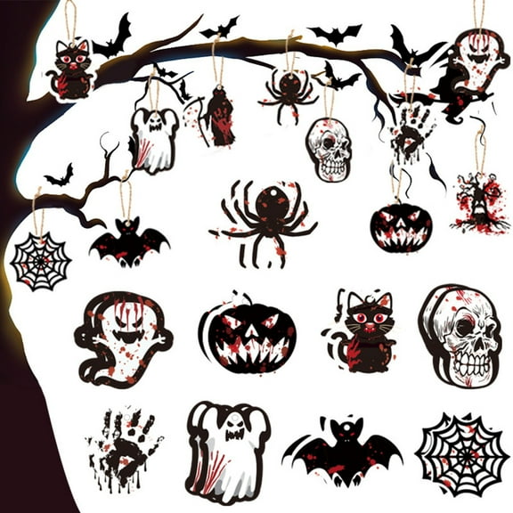 Monebena 12 Pcs Ghost Hanging Ornaments Halloween Decorative Double Sided Printing Design Horror Bloody Ghost Skull Spider Web Bat Pumpkin Hanging Pendants for Halloween Tree Party Decorations M01