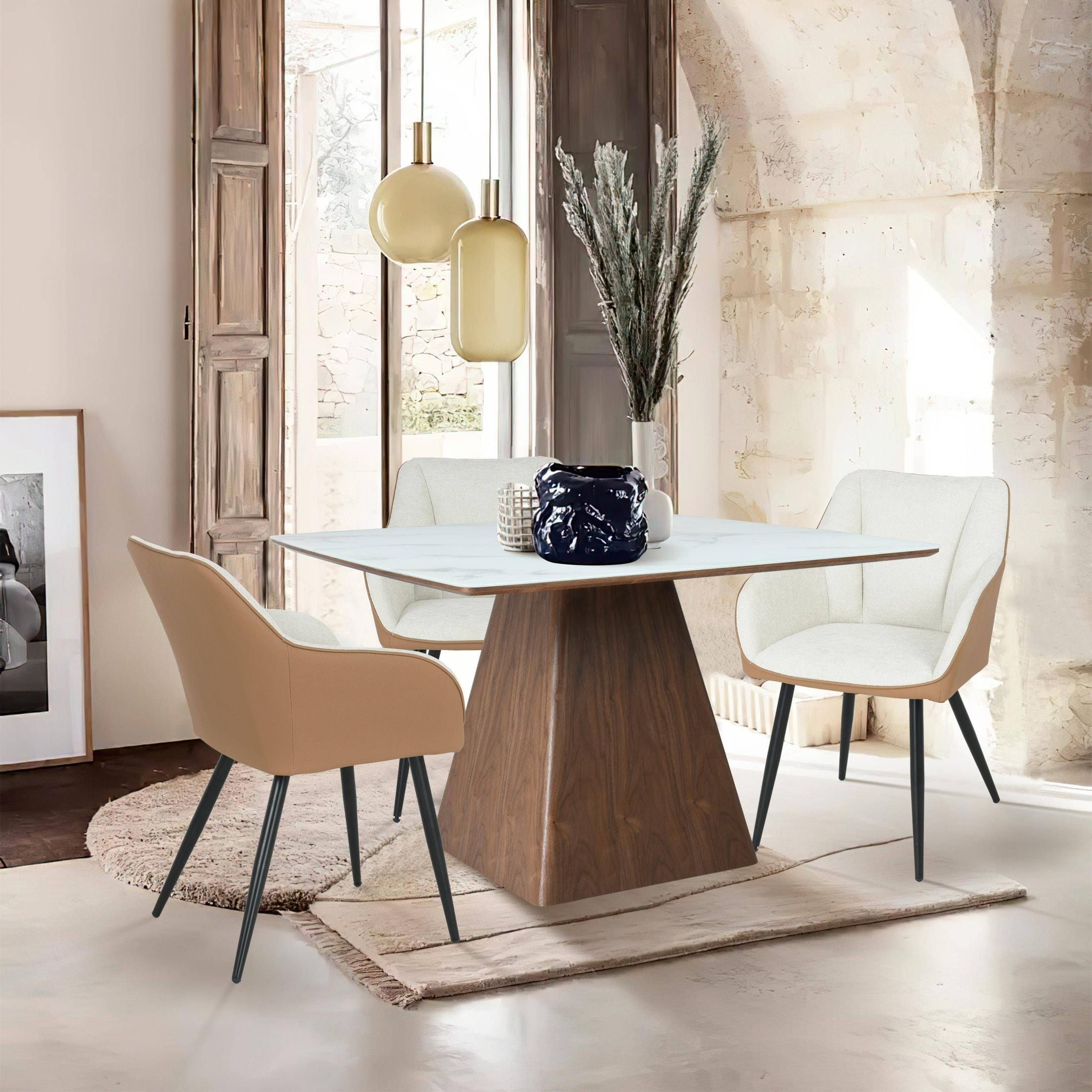 LeisureMod 47" Square Dining Table with Sintered Stone Top Ash Wood and Iron Pedestal Base Easy Assembly Seats 4 Person for Kitchen, Office, and Cafes Zephry Collection in White