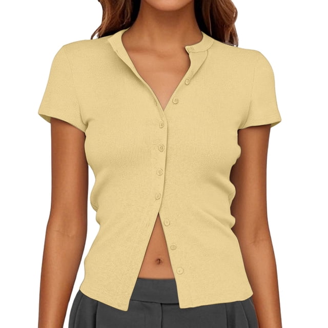Women's Button-Up Ribbed Short Sleeve Cardigan - Pure Color, Stretchy Fabric, Versatile Layering, Comfort Fit, Multiple Sizes/Colors
