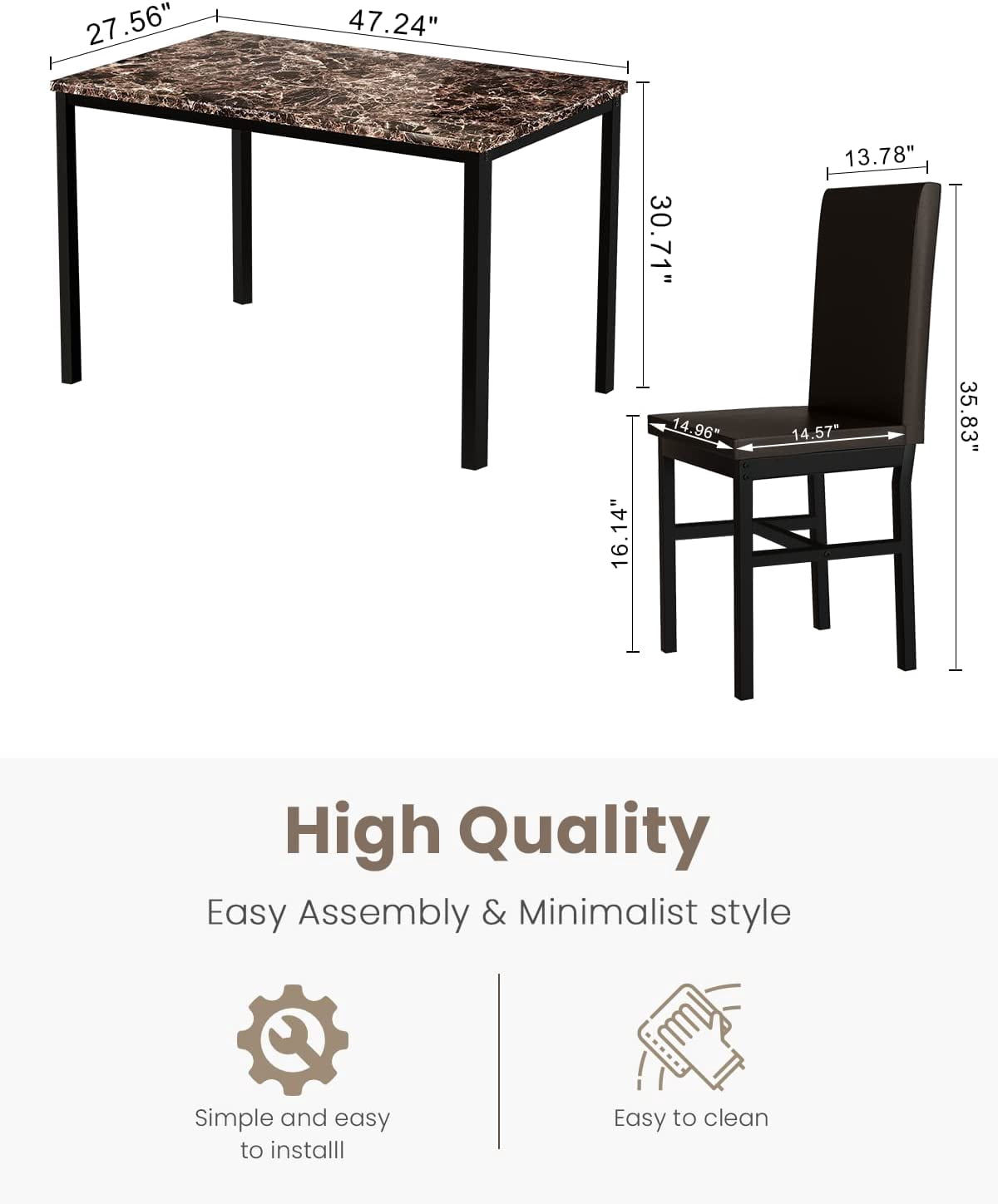 AWQM Modern 5-Piece Dining Table Set, Artificial Marble Dining Table With 4 Chairs in PU leather for Kitchen and Living room, Small Kitchen Table, Kitchen Table Set, Brown