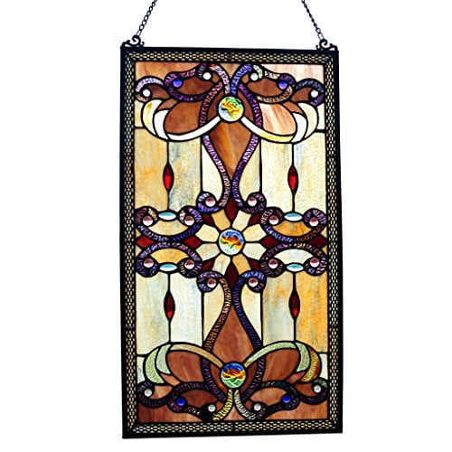 RIVER OF GOODS Brandi Collection Stained Glass Panel: 26 Inch Decorative Window Hanging - Tiffany Style Framed Hangings for The Wall or Windows - Larg