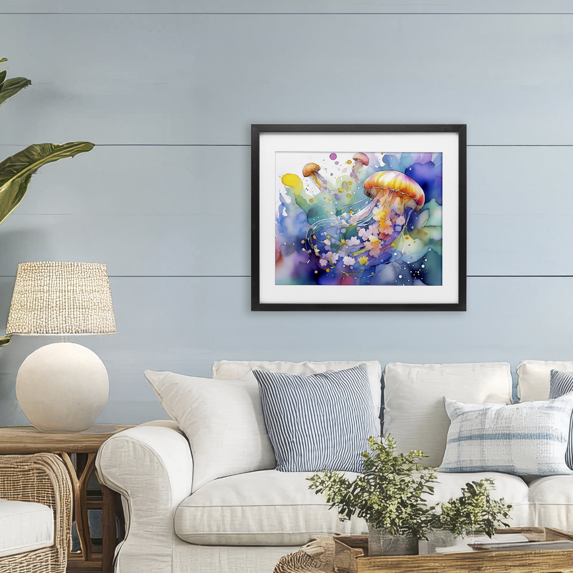 Stupell Industries Neon Jellyfish Underwater Black Framed Print Under Glass, design by Shelly Craig