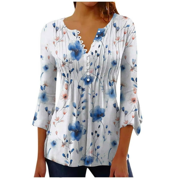 Mittory Womens 3/4 Sleeve Floral Top Vintage V Neck T Shirts Button Down Blouse Dressy Flowy Tops Trendy Loose Blouse