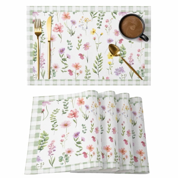 Placemats Set of 6, Spring Floral Woven Placemat, Linen Place Mats for Kitchen/Dining Tables, Pink Flowers Sage Green Plaid Pastoral Washable Table Mats for Party