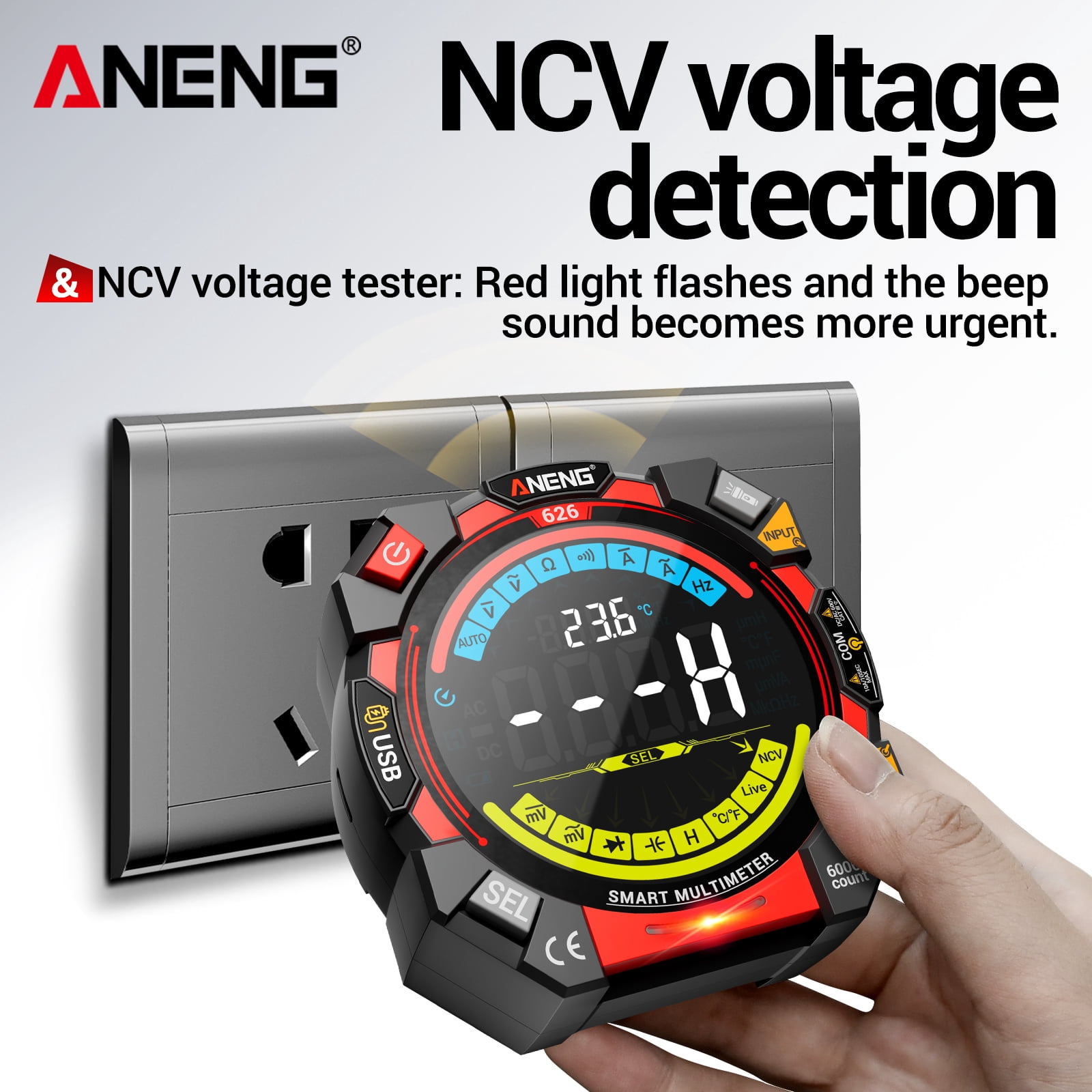 ANENG Smart Digital Multimeter 626 6000 Counts, AC/DC Voltage/Current, Resistance, Capacitance, Temperature, NCV Tester 1 Pack