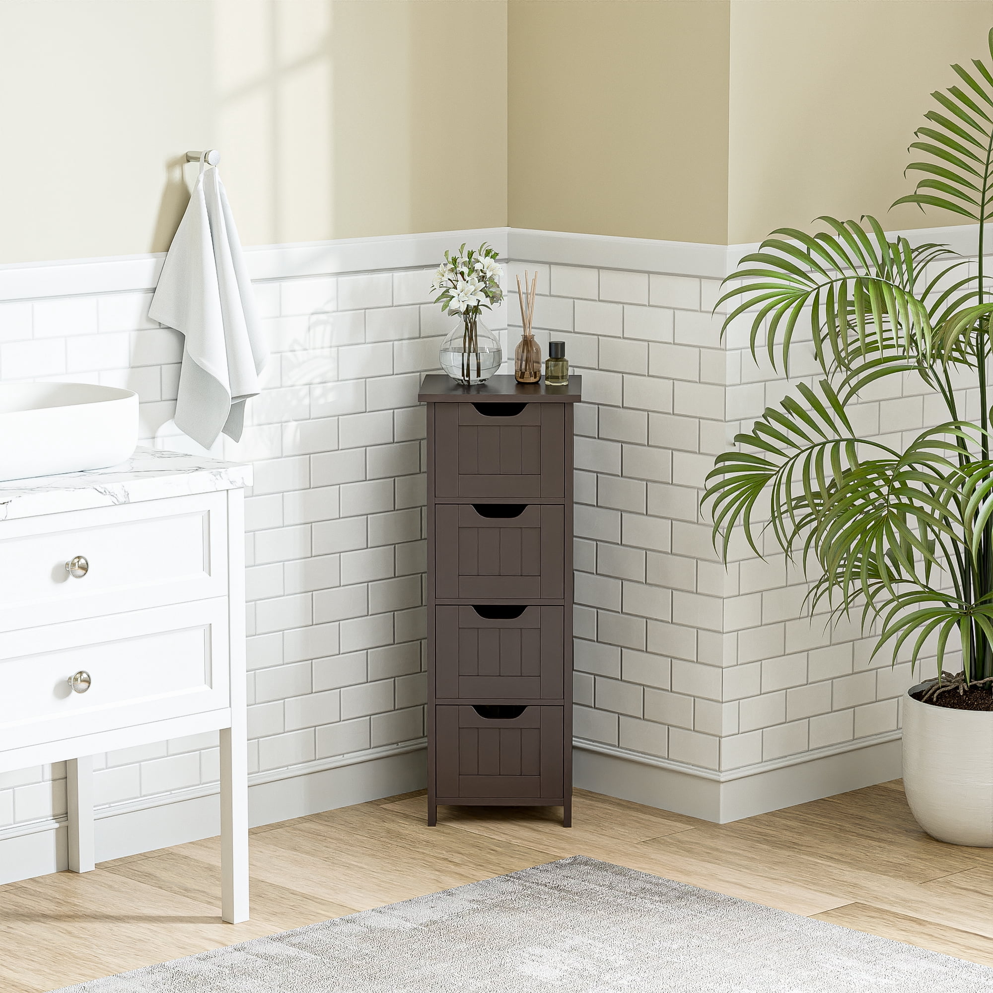 HomGarden 4 Drawers Bathroom Storage Cabinet Narrow Floor Side Cabinet for Kitchen, Dining Room Espresso