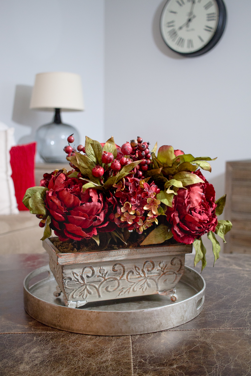 Nearly Natural Peony & Hydrangea Artificial Flower Arrangement, Red