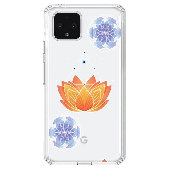 DistinctInk Clear Shockproof Hybrid Case for Google Pixel 4 XL (6.3" Screen) - TPU Bumper, Acrylic Back, Tempered Glass Screen Protector - Lotus Flower and Mandalas
