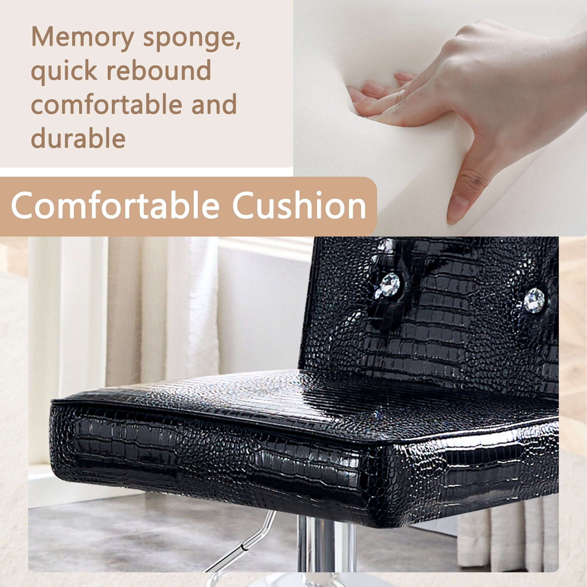 Alvantor Set of 2 Black Crocodile Faux Leather Lift Bar Stools with Crystal Accents