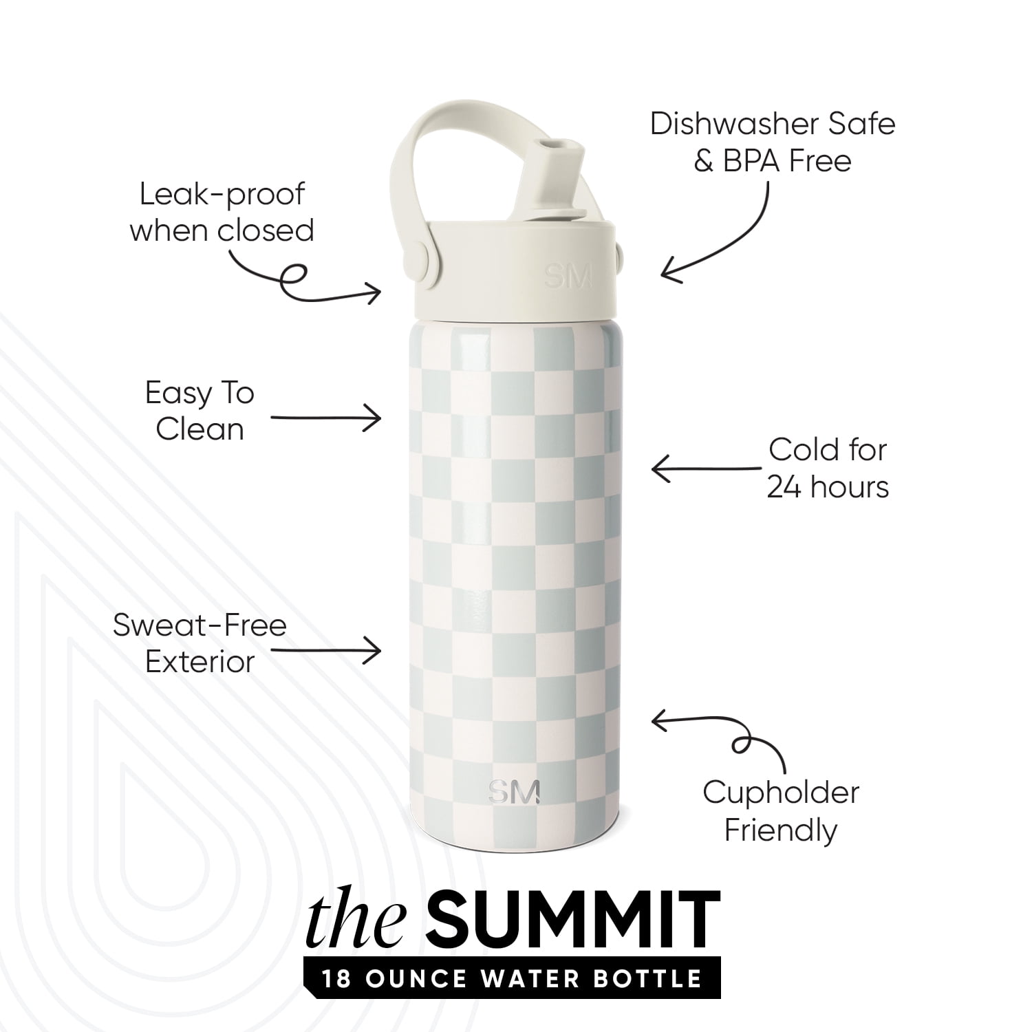 Simple Modern 18 fl oz Insulated Stainless Steel Summit Wide Mouth Water Bottle with Handle and Straw Lid | Sea Glass Sage and Cream Checkmate