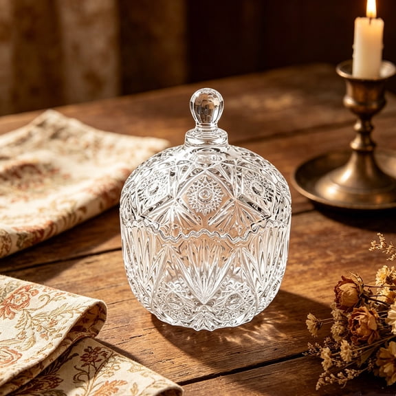 Japceit Embossed Glass Storage Jar With Lid, Vintage Sun Star Canister, Clear Candy Trinket Container, For Vanity Table Kitchen Counter