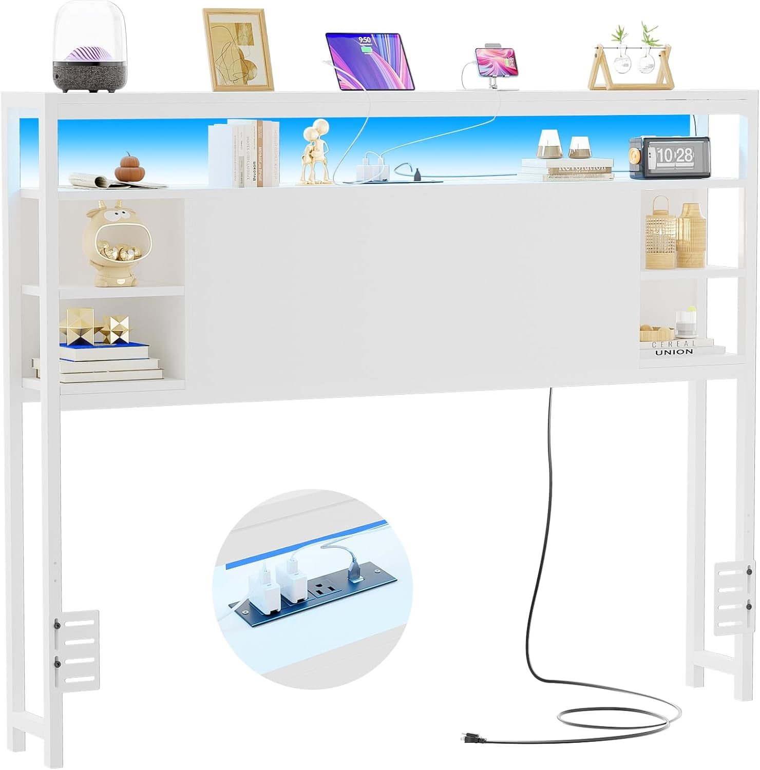 Homieasy Full Headboard with Storage, Headboards with Power Outlets and Smart LED Light, Sturdy Head Board for Full Size Bed, White