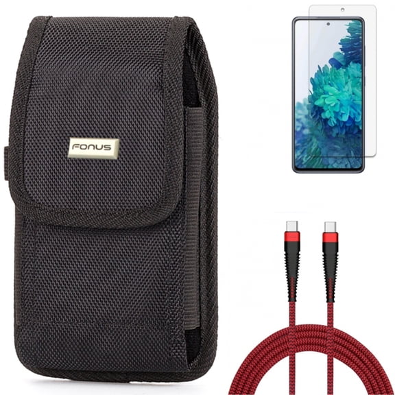Case Belt Clip & Screen Protector & 10ft PD Cable for Samsung Galaxy S20 Fan Edition - Rugged Holster   Anti-Glare Tempered Glass   Type-C to USB-C Charger Cord Combo