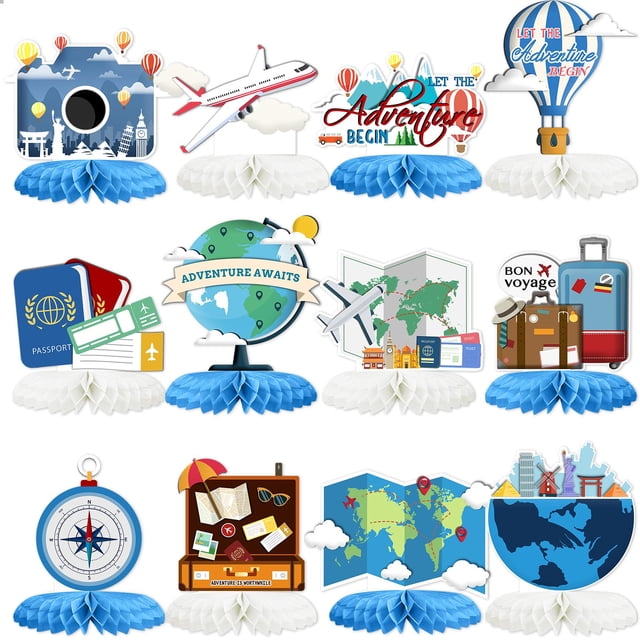Decoraciones de fiesta Tarklanda con temática de viaje en forma de panal, 12 unidades