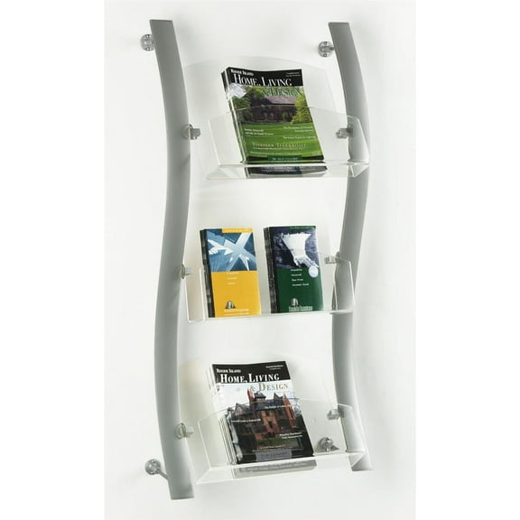 Brushed Silver Catalog Rack, 21-1/2 x 45 x 8-3/4-inch, Wall Mounted With 3 Adjustable Acrylic Pockets