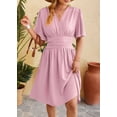 thumbnail image 3 of EASYBRAUS Women V Neck A Line Midi Dress Bell Sleeve Pleated Waist Spring Summer Dress, 3 of 8