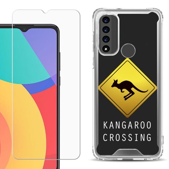 Shockproof Bumper Phone Case for TCL 20 XE, with Tempered Glass Screen Protector, by OneToughShield ® - Road Sign Kangaroo