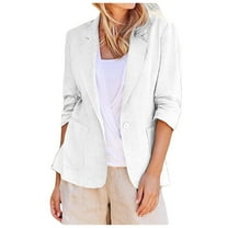 YDFCWXW Linen Blazers for Women 2025 Summer 3/4 Sleeve Lightweight Work Jacket Business Casual Suit Blazer with Pockets White, L