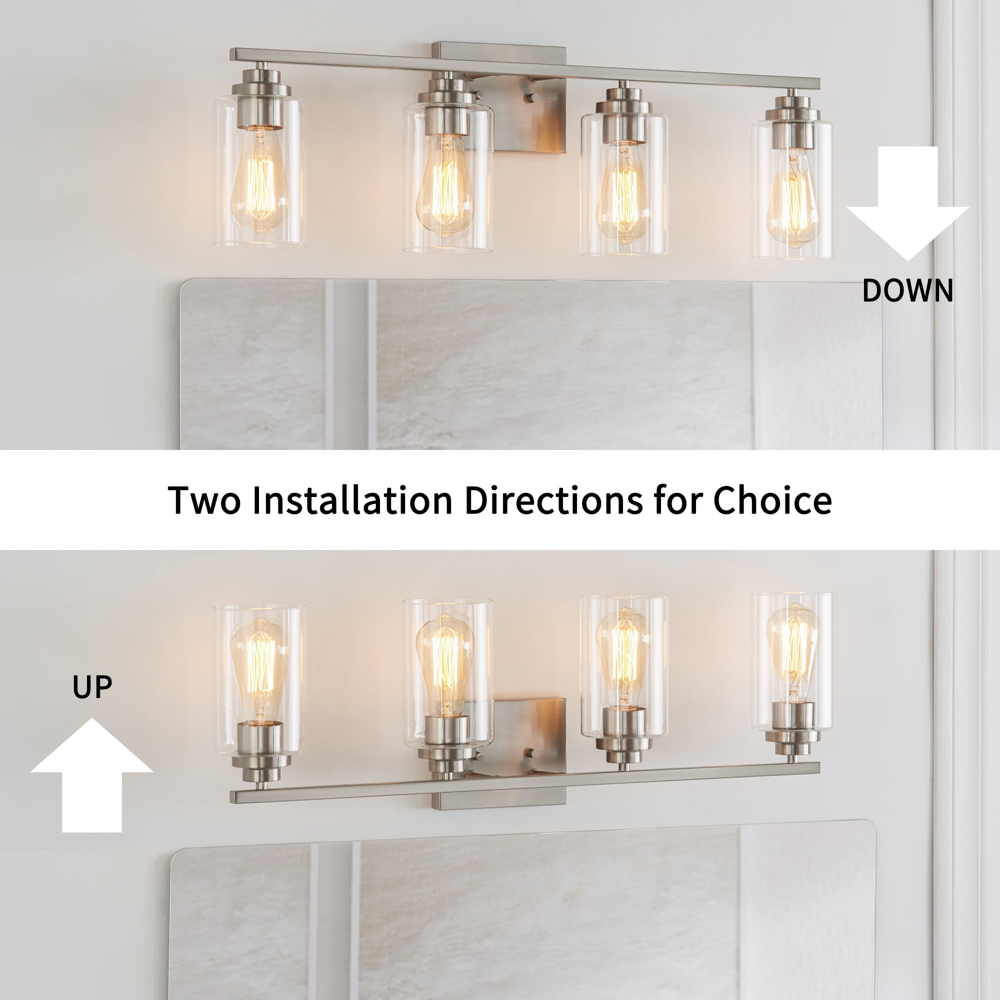 KAWOTI Modern 4-Light Vanity Light Fixtures over Mirror, Brushed Nickel Bathroom Lights with Clear Glass Shade