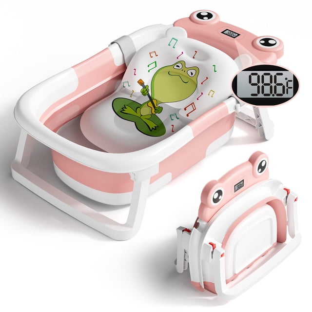 Bañera plegable para bebés Bunwag con cojín y termómetro, color rosa