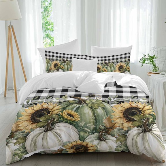 Queen 4 Piece Bedding Set Thanksgiving Green White Pumpkins Soft Breathable Duvet Cover with Pillow Shams, Geometric Black Plaid Duvet Cover Set Bed Sheets for Bedroom Dormitory Guest Room