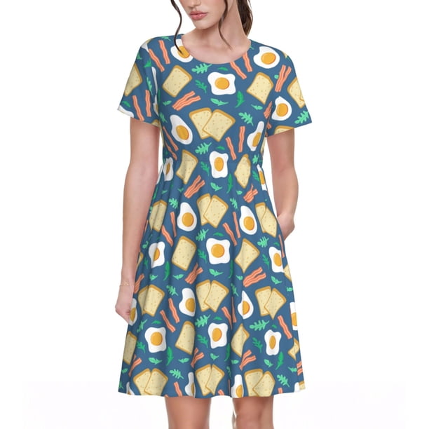 Disketp Eggs Toast Bacon And Arugula para Vestido de Manga Corta para Mujeres, Vestidos de Verano para Mujeres, Casual y Holgado para la Playa