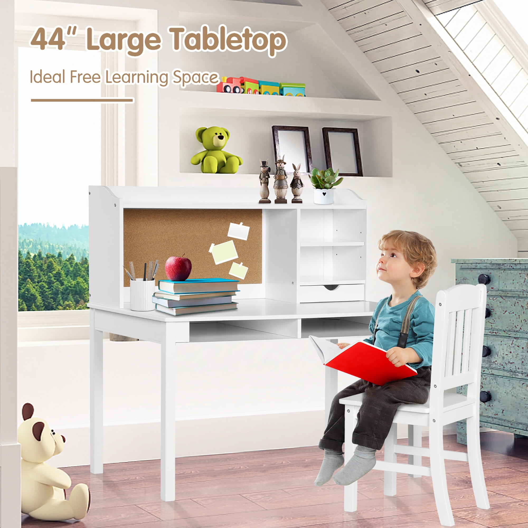 Costway Kids Wooden Study Desk & Chair Writing Table with Drawer Storage  Cabinet 