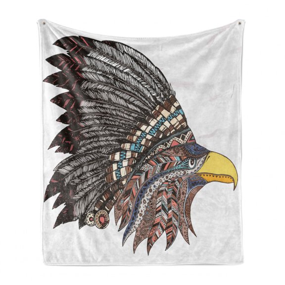 Eagle Soft Flannel Fleece Blanket, Tribal Culture Inspired Hand Drawn Eagle in Feathered Designed Headdress Hippie Style, Cozy Plush for Indoor and Outdoor Use, 50" x 70", Multicolor, by Ambesonne