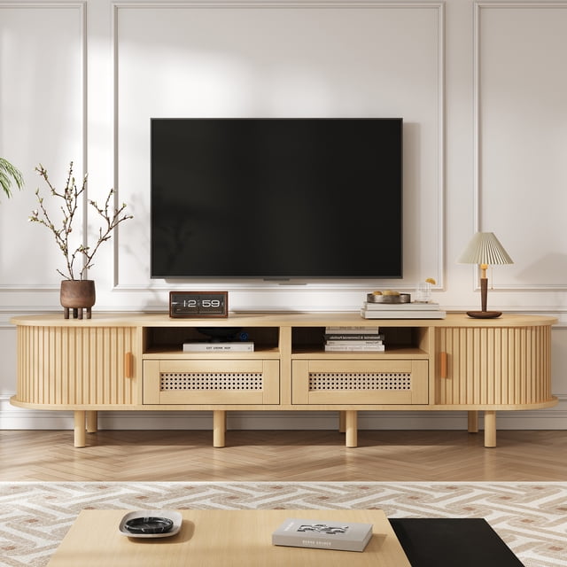 TV Stand With 2 Rattan Drawer And 2 Sliding Doors,Oval TV Cabinet Storage Sideboard With Rounded Corners For Livingroom, 64.9*15.7*15.7'',MDF, Weight Capacity 67lbs , Suitable For 65inch TV,Natural