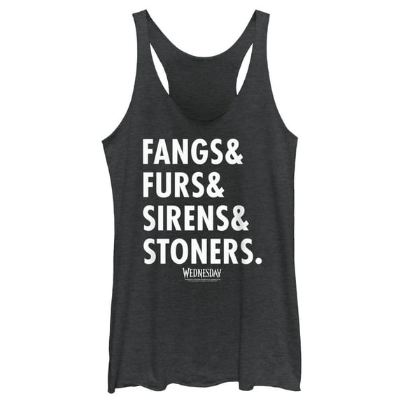 Women's Wednesday Fangs & Furs & Sirens & Stoners Racerback Tank Top Black Heather Small