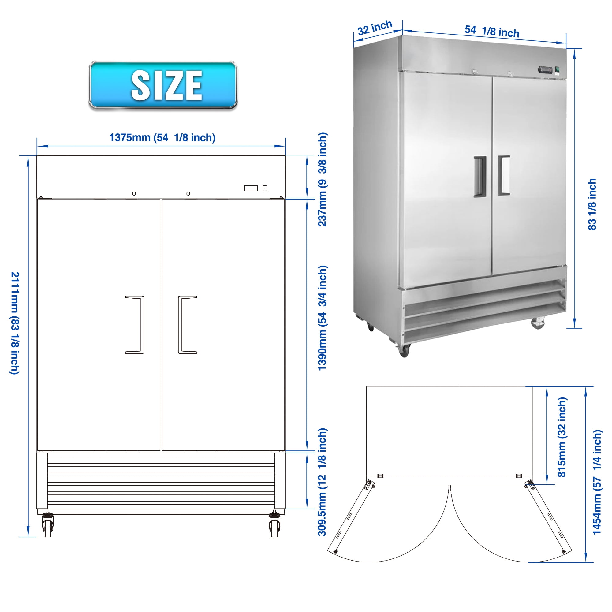 WHALLPRO 54" Commercial Refrigerator 49 Cu.ft with 2 Solid Door Reach-In Refrigerators Stainless Steel ETL Approved Upright Fridge Storage