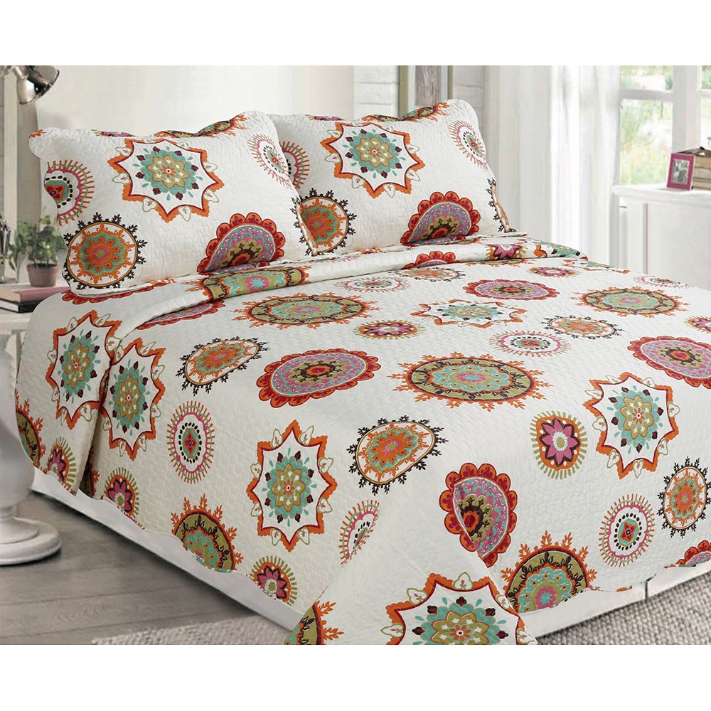 3Piece Floral Quilted Bedspread Printed Quilt Set,King Size Walmart
