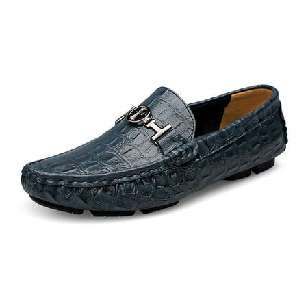Mens Leather Loafers Slip-Ons Casual Driving Flat Walking Moccasin Business Boat Shoes Fashion Slipper Wedding 6 Blue